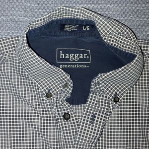 Mens Used Haggar Sz L Casual Dress Button Down Navy/White Houndstooth Shirt